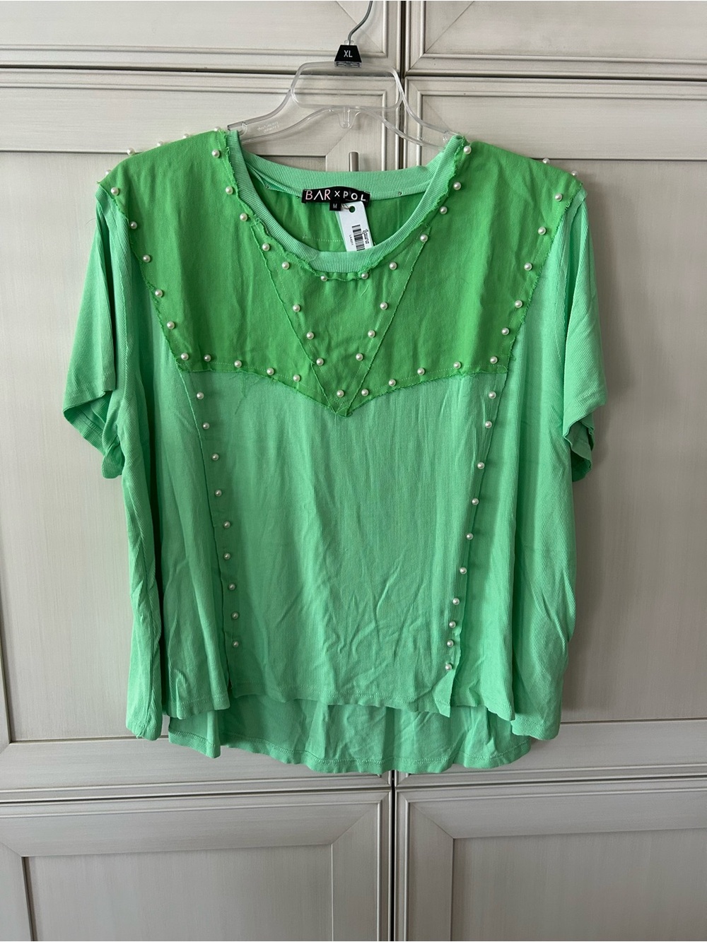 POL Green Short-Sleeve Pearl-Trim Tee
